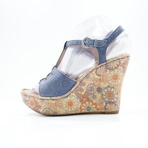 Born Rebecka Blue Leather 4.5" Wedge Heel Painted Raffia Sandals - 6